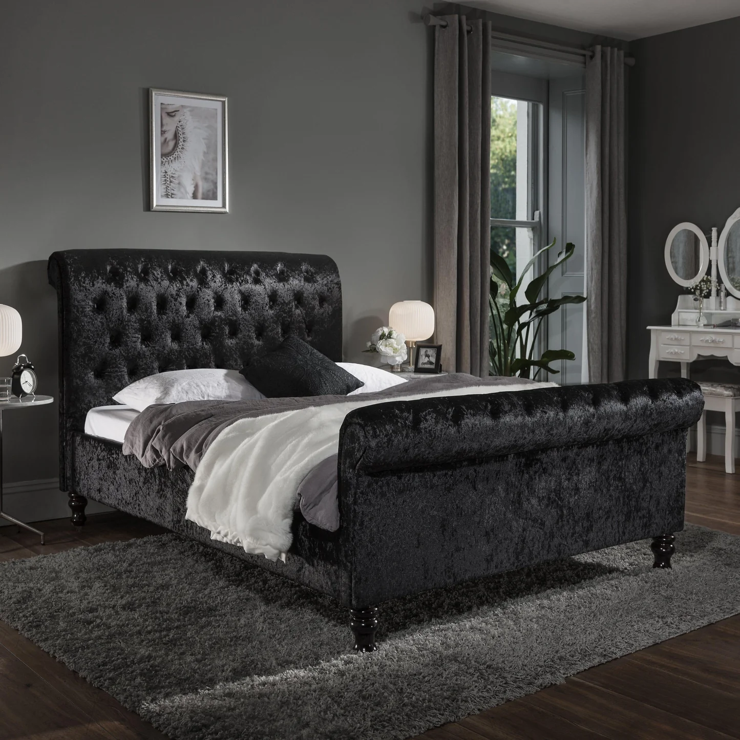 Black Crushed Velvet Sleigh Bed